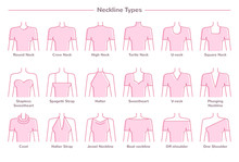Vector Illustration Set Of Various Neckline Types For Women's' Fashion. Eighteen Neck Lines In Pink Color In Flat Linear Style
