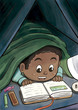 Child Hiding Beneath the Blanket Reading a Picture Book (Black Boy)