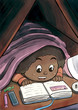 Child Hiding Beneath the Blanket Reading a Picture Book (Black Girl)