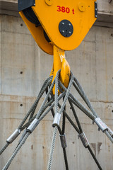 Factory overhead crane  and yellow crane hook  380 t. and sling in factory