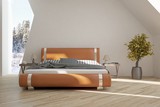 Fototapeta  - Idea of white bedroom with winter landscape in window. Scandinavian interior design. 3D illustration
