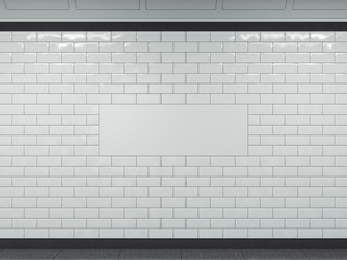 Wall Mural - Wide white banner in subway. 3d rendering