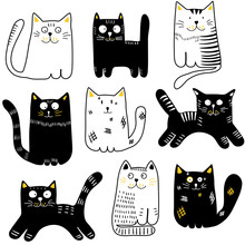 Collection Of Hand Drawn Cats. Black And White Funny Cats. Vector Illustration.