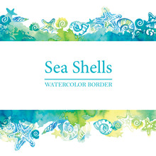 Marine Border With Watercolor Sea Shells. Sea Life Frame. Summer Travel Background.