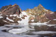 Jagged volcanic mountain peak reflected in small lake still partially covered with snow and ice