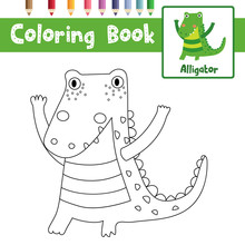 Coloring Page Of Standing Alligator Animals For Preschool Kids Activity Educational Worksheet. Vector Illustration.