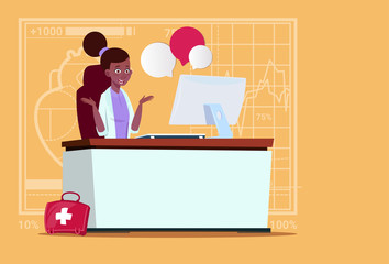 Wall Mural - Female African American Doctor Sitting At Computer Online Consultation Medical Clinics Worker Hospital Flat Vector Illustration