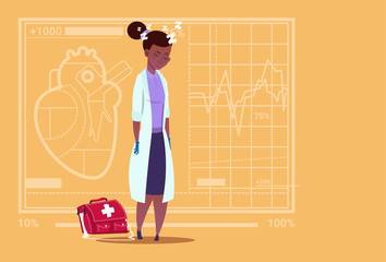 Wall Mural - Female African American Doctor Tired Napping Medical Clinics Worker Hospital Flat Vector Illustration