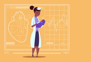 Wall Mural - Female Doctor Hold Newborn Baby Boy Medical Maternity Clinics African American Worker Hospital Flat Vector Illustration