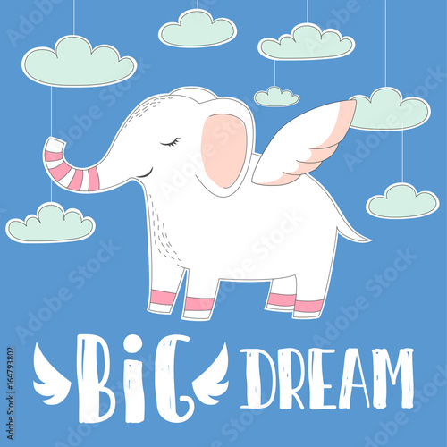 Cute Baby Elephant With Wings On Sky Clouds Background Hand Drawn Cute Baby Elephant With Wings On Sky Clouds Background Hand Drawn
