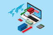 © archonez - isometric notebook and business hand with stack of dollar banknotes, online shopping and business concept