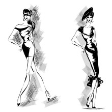 Black And White Retro Set Of Fashion Models Silhouette Sketch Style. Hand Drawn Vector Illustration