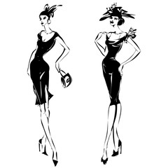 Wall Mural - Black and white retro set of fashion models silhouette sketch style. Hand drawn vector illustration