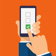 Checkboxes and checkmark on smartphone screen. Hand holds the smartphone and finger touches screen. Checklist modern flat design illustration.