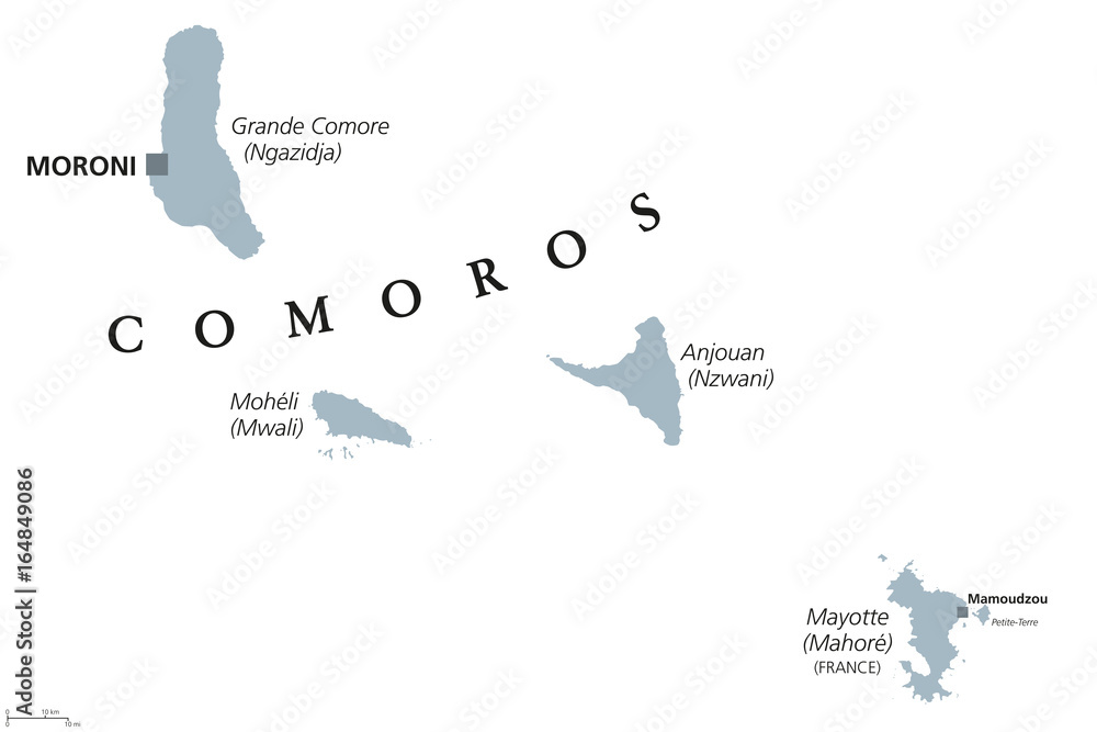 Comoros political map with capital Moroni and French island Mayotte ...