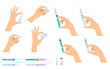 © peart - Doctor holds syringes, injectors in his hand to inject vaccine. Nurse holds glass ampoules and vials, phials with drug liquid. Medicine, science and health care flat vector concept illustration set.