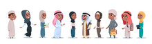 Arab Children Girls And Boys Group Small Cartoon Pupils Collection Muslim Students Flat Vector Illustration
