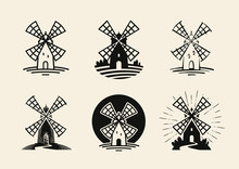 Windmill, Mill Logo Or Label. Flour, Bakery Icons Set. Vector Illustration