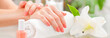 Manicure concept. Beautiful woman's hands with perfect manicure at  beauty salon.