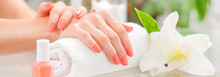 Manicure Concept. Beautiful Woman's Hands With Perfect Manicure At  Beauty Salon.