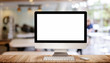 canvas print picture - Work place concept : Mock up Blank screen computer desktop with keyboard in cafe or co-working background.