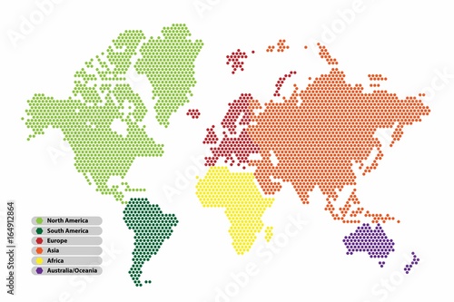 Hexagon shape world map continent in a different color, vector illustration Poster