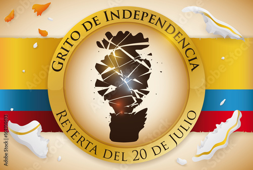 Poster Broken Flower Vase Silhouette in Button for Colombian Independence Day, Vector I