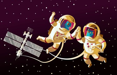 two astroanuts high five hands in space near space station