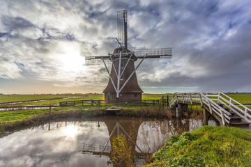 Poster - Dutch windmill along canal