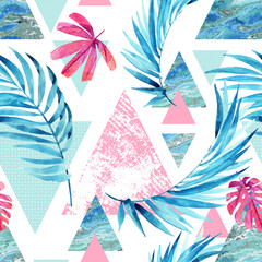 Wall Mural - Abstract watercolor triangle and exotic leaves seamless pattern.