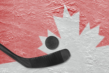 Canadian symbol and hockey stick with washer