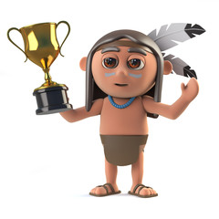 Wall Mural - 3d Funny cartoon Native American Indian holding a gold cup trophy award