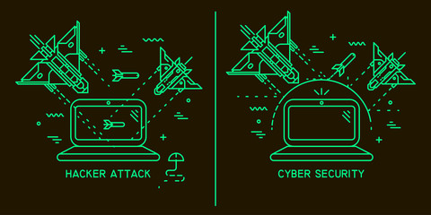 Two vector thin line illustrations on the theme of hacker attack, hacking, cyber security. Fighter planes flying and shooting at the laptop on black background.