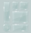 Transparent vector crystal clear glass shapes. Shiny realistic glass texture design elements collection with transparency.