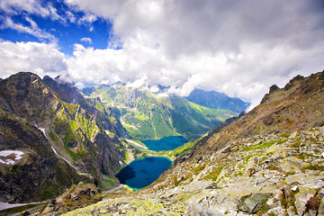 Marine Eye and Black Pond Rysy mountain. Tatras, Poland, Europe. Mountain landscape. Two lakes in mountains. road to the Rysy.