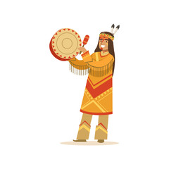 Sticker - Native american indian in traditional indian clothing playing tambourine vector Illustration