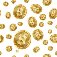 Sticker - Bitcoin Seamless Pattern Vector. Gold Coins. Digital Currency. Fintech Blockchain. Isolated Background. Golden Finance Banking Texture.