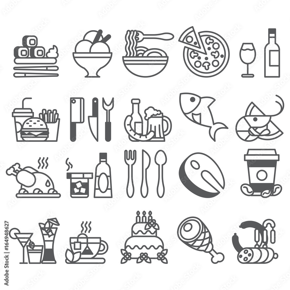 vector black line Set of flat icons and elements about food and drink ...