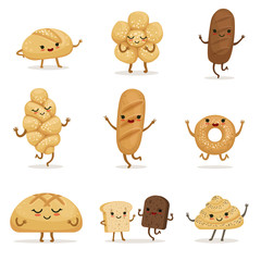Wall Mural - Funny bakery food with different emotions. Vector characters in cartoon style