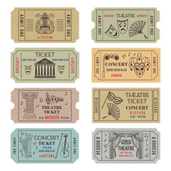 Wall Mural - Vintage theatre or cinema tickets with different monochrome symbols of ballet or opera