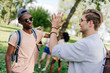 © LIGHTFIELD STUDIOS - cheerful multiethnic boys giving high five while meeting in park