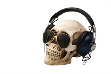 Music Dj And Rock Music Concept With A Skull Wearing Headphones And Aviator Sunglasses Isolated On White With Clipping Path