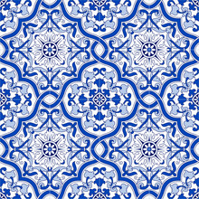 Portuguese Traditional Ornate Azulejo, Seamless Vector Pattern In Blue And White Colors
