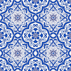 Portuguese traditional ornate azulejo, seamless vector pattern in blue and white colors