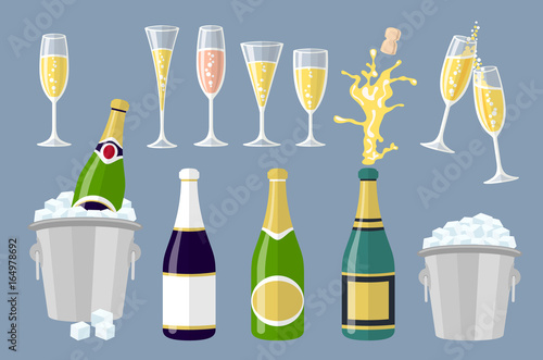 Fotomural Champagne bottle and glasses, set of cartoon vector illustrations isolated on grey background