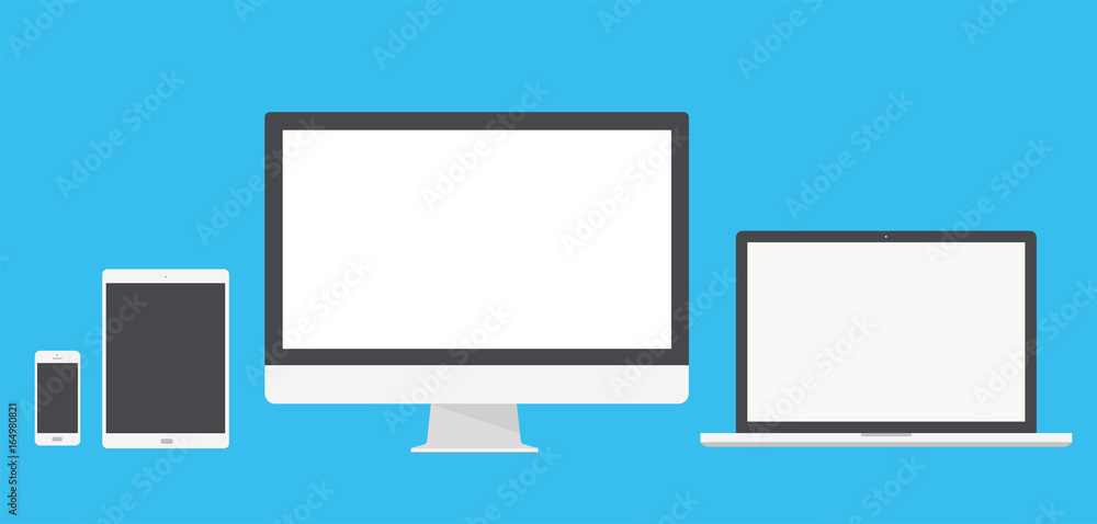 Set of computer monitor, laptop, tablet and mobile phone with blank screen. Flat style - stock vector. - obrazy, fototapety, plakaty 