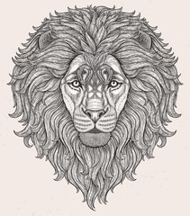 Wall Mural - Lion head hand drawn in lines isolated on white background. Decorative doodle vector illustration. Perfect for postcard, poster, print, greeting card, t-shirt, phone case design