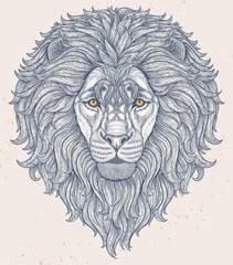 Wall Mural - Lion head hand drawn in lines isolated on white background. Decorative doodle vector illustration. Perfect for postcard, poster, print, greeting card, t-shirt, phone case design