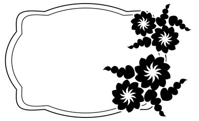 Black and white silhouette frame with decorative flowers. Vector clip art.