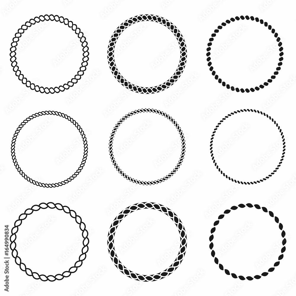 Rope frame. Set of round vector frames from nautical rope. Round marine ...
